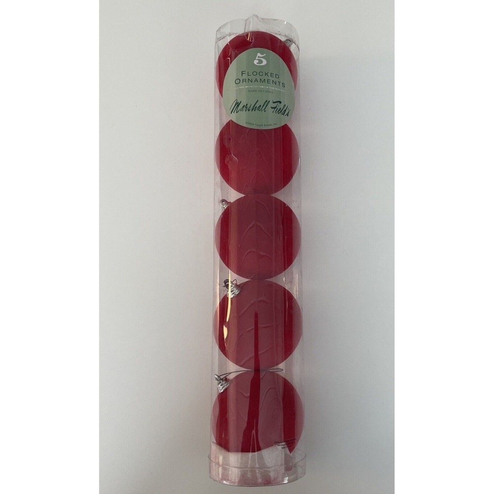 Vintage 2004 Marshall Fields Red‎ Flocked Ornaments, Set of 5